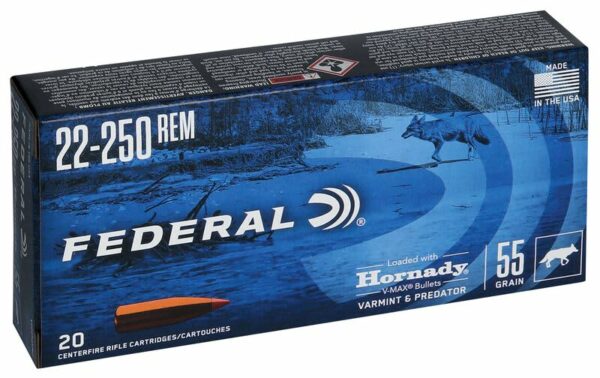 Federal 22-250 Ammo V & P Hornady 55g V-Max TP